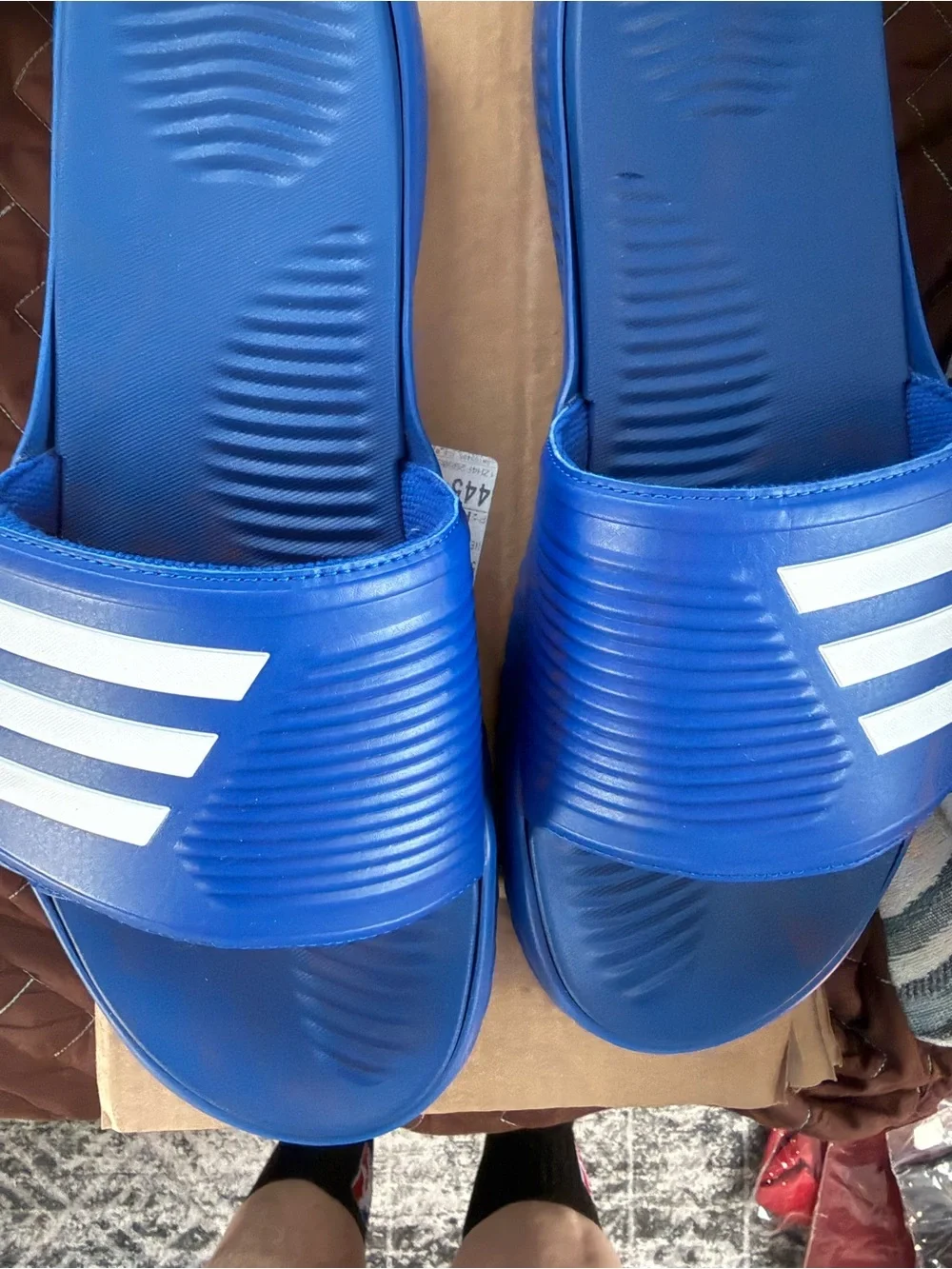 adidas Blue Slide Sandals with White Stripes